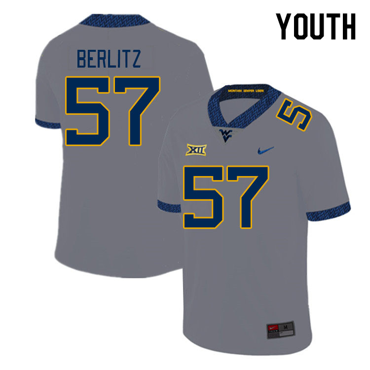 Youth #57 Derek Berlitz West Virginia Mountaineers College Football Jerseys Stitched Sale-Gray - Click Image to Close